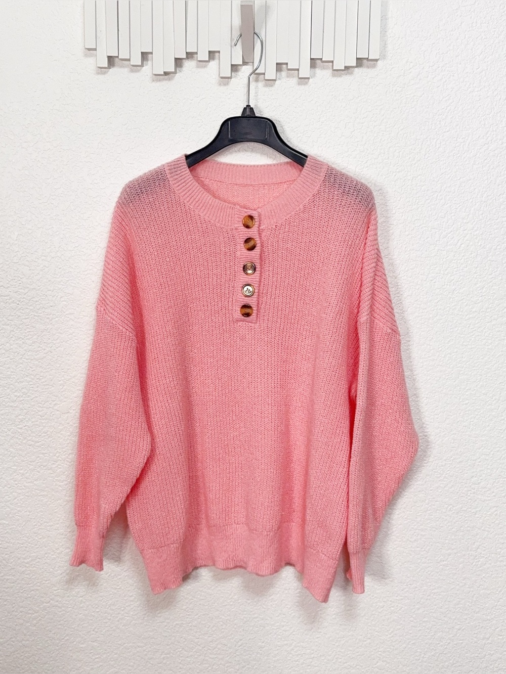 Coral Pink Oversized Henley Button Pullover Knit Sweater